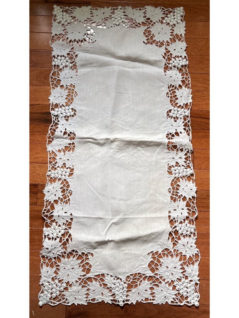 White Cotton Table Runner Grapevine Cutwork Embroidered Details 34"x16" Elegant